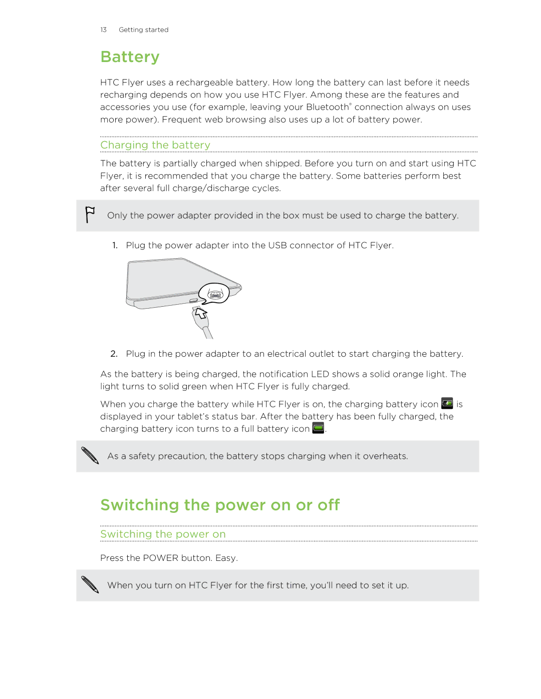 HTC HTCFlyerP512 manual Battery, Switching the power on or off, Charging the battery 