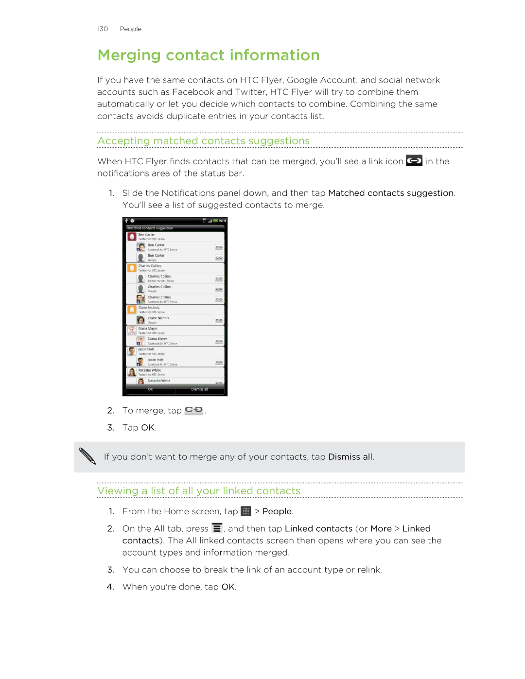 HTC HTCFlyerP512 manual Merging contact information, Accepting matched contacts suggestions 