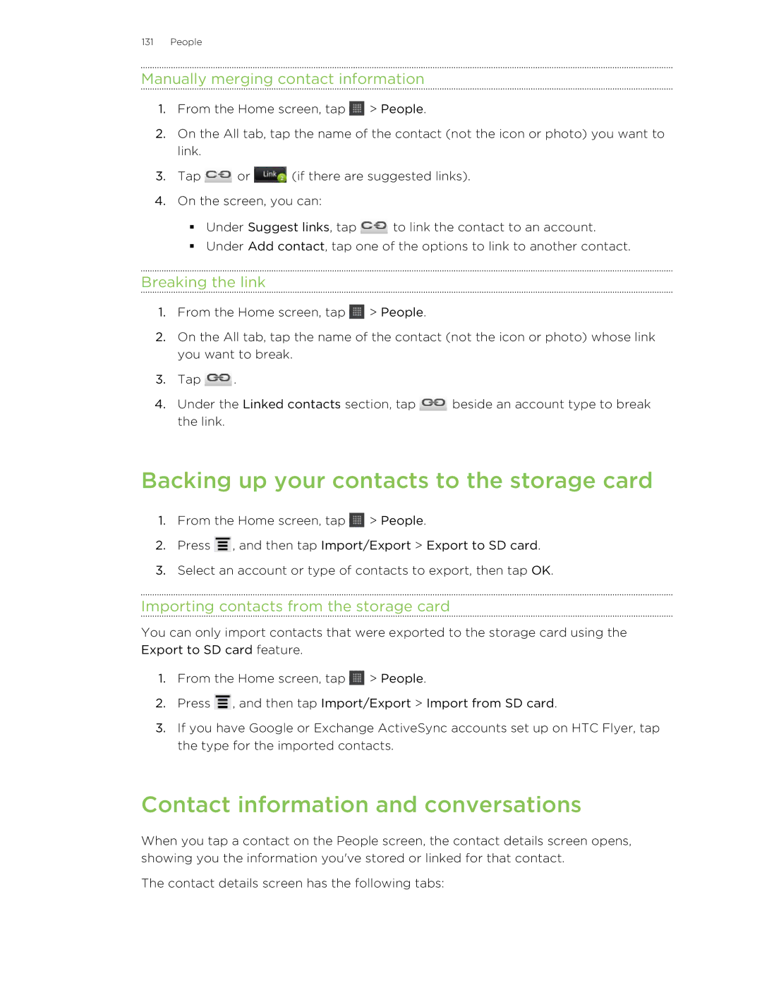 HTC HTCFlyerP512 Backing up your contacts to the storage card, Contact information and conversations, Breaking the link 