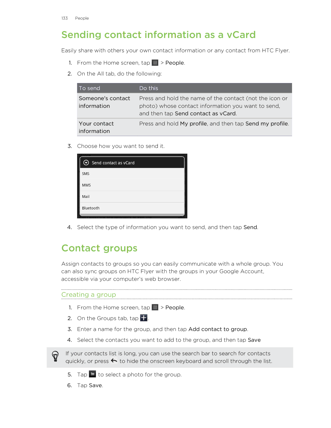 HTC HTCFlyerP512 manual Sending contact information as a vCard, Contact groups, Creating a group 