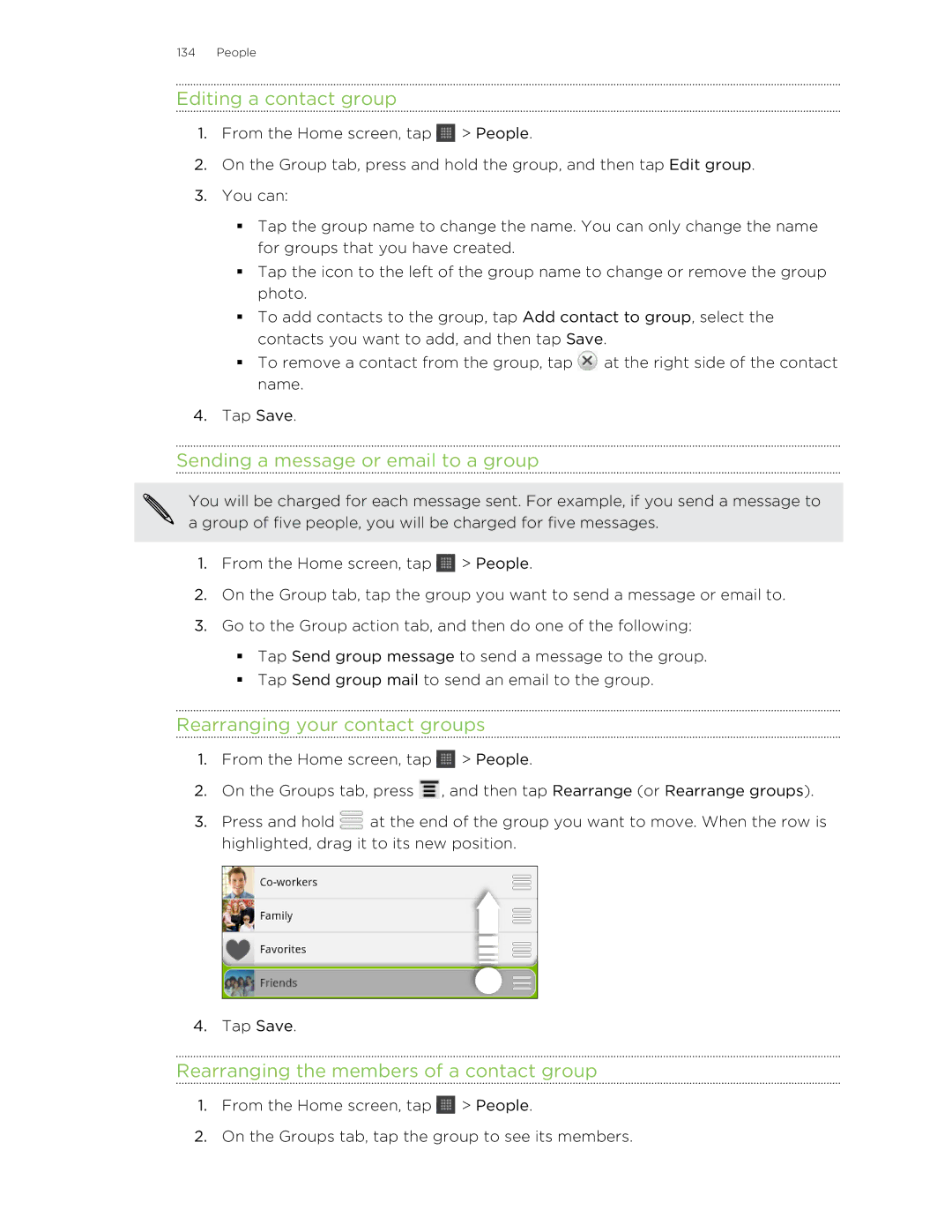 HTC HTCFlyerP512 manual Editing a contact group, Sending a message or email to a group, Rearranging your contact groups 
