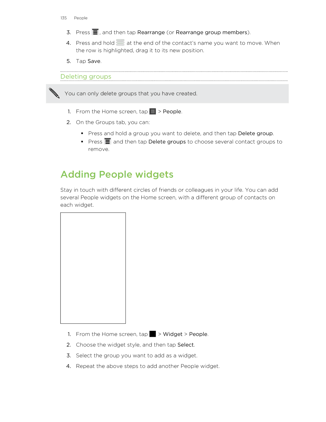 HTC HTCFlyerP512 manual Adding People widgets, Deleting groups 