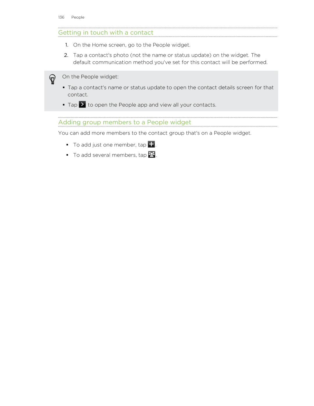 HTC HTCFlyerP512 manual Getting in touch with a contact, Adding group members to a People widget 