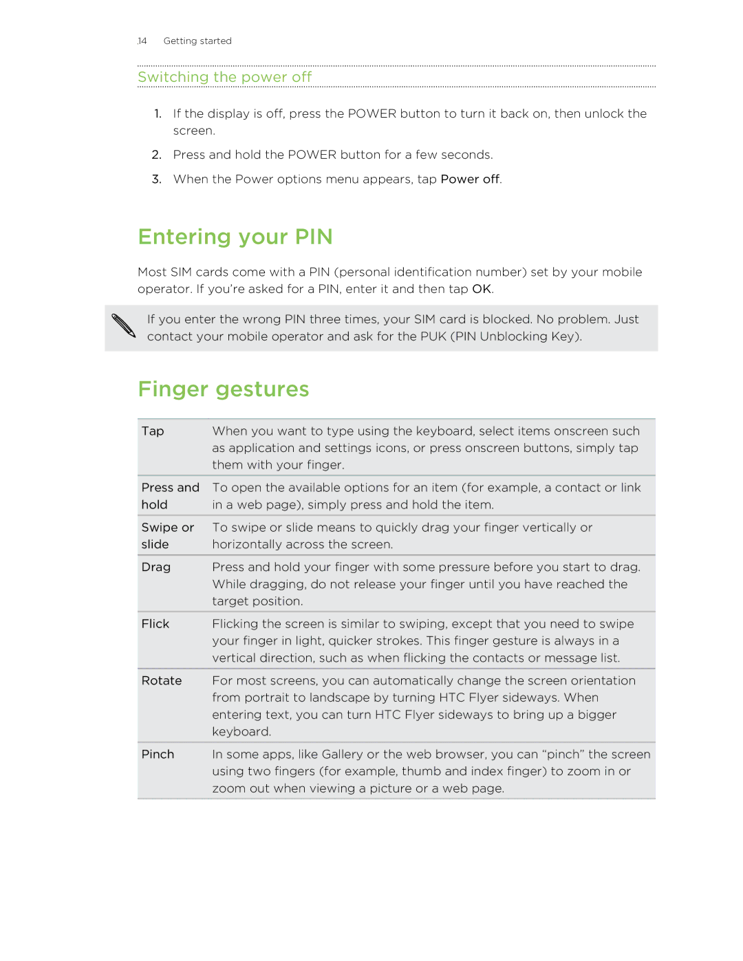 HTC HTCFlyerP512 manual Entering your PIN, Finger gestures, Switching the power off 