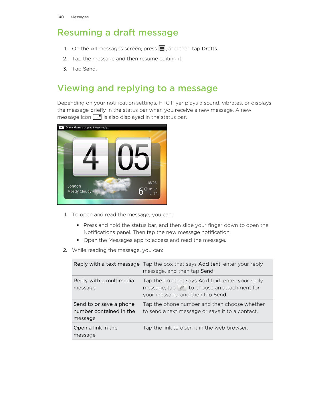 HTC HTCFlyerP512 manual Resuming a draft message, Viewing and replying to a message 
