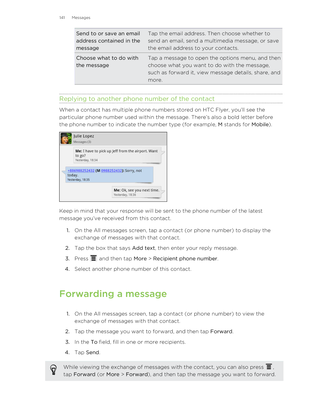 HTC HTCFlyerP512 manual Forwarding a message, Replying to another phone number of the contact 