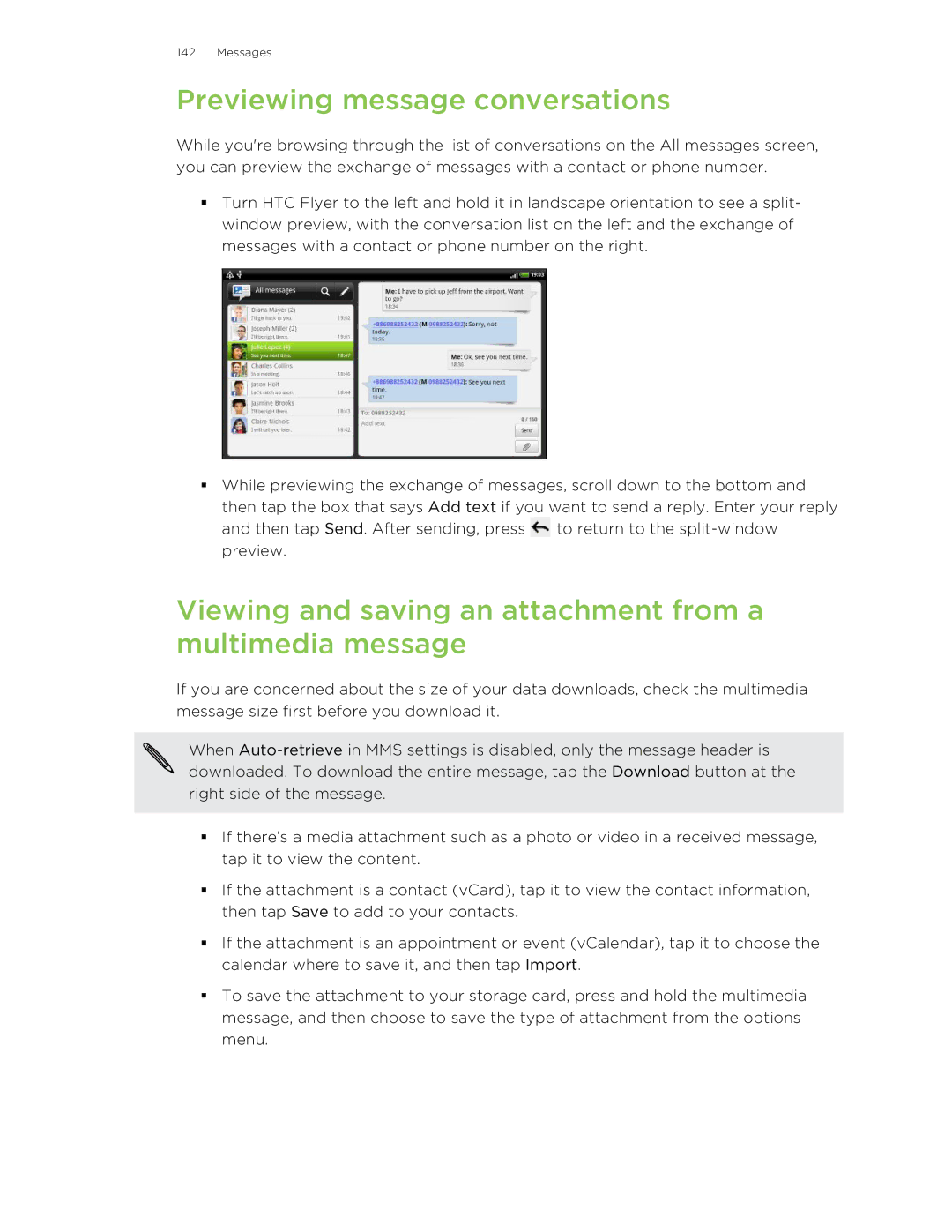 HTC HTCFlyerP512 manual Previewing message conversations, Viewing and saving an attachment from a multimedia message 