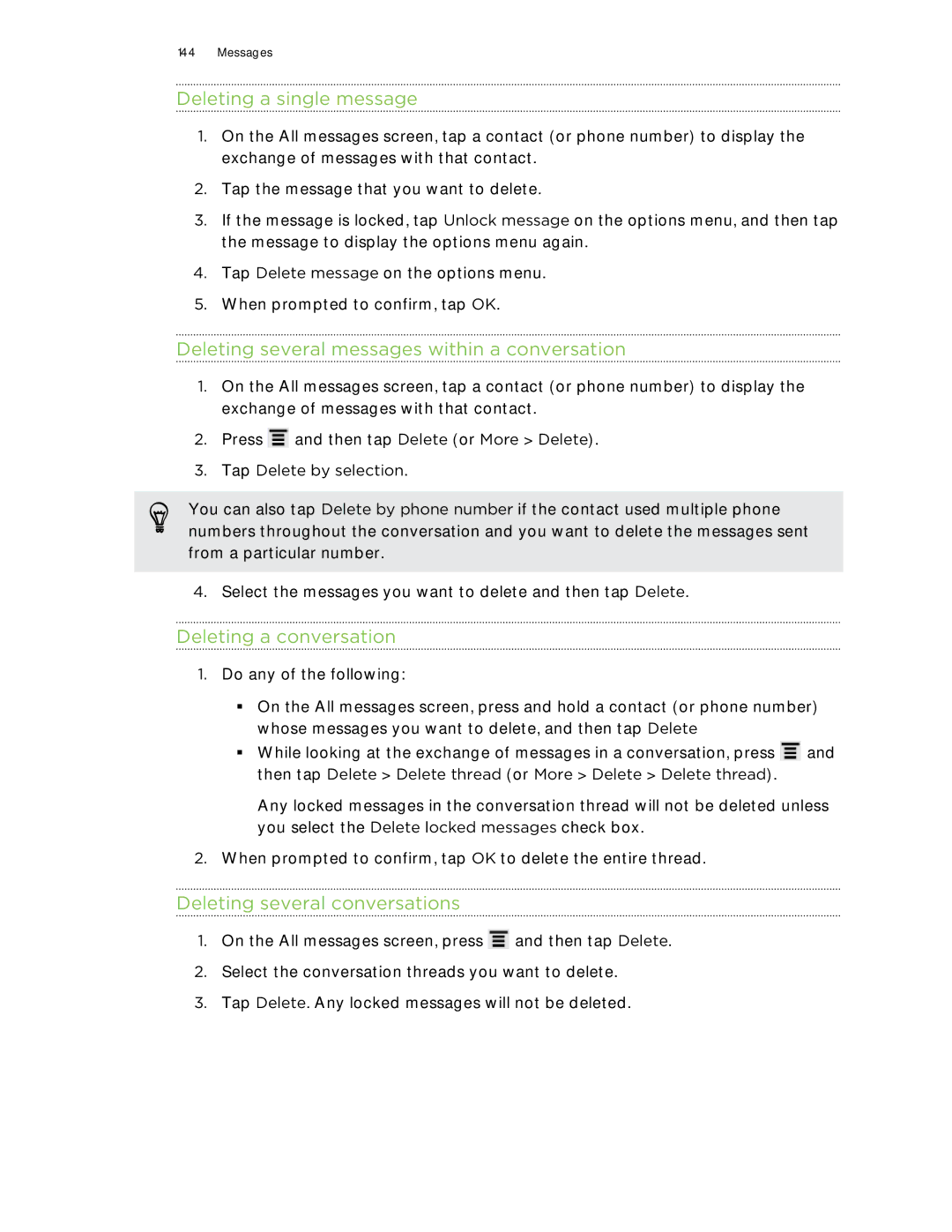 HTC HTCFlyerP512 manual Deleting a single message, Deleting several messages within a conversation, Deleting a conversation 