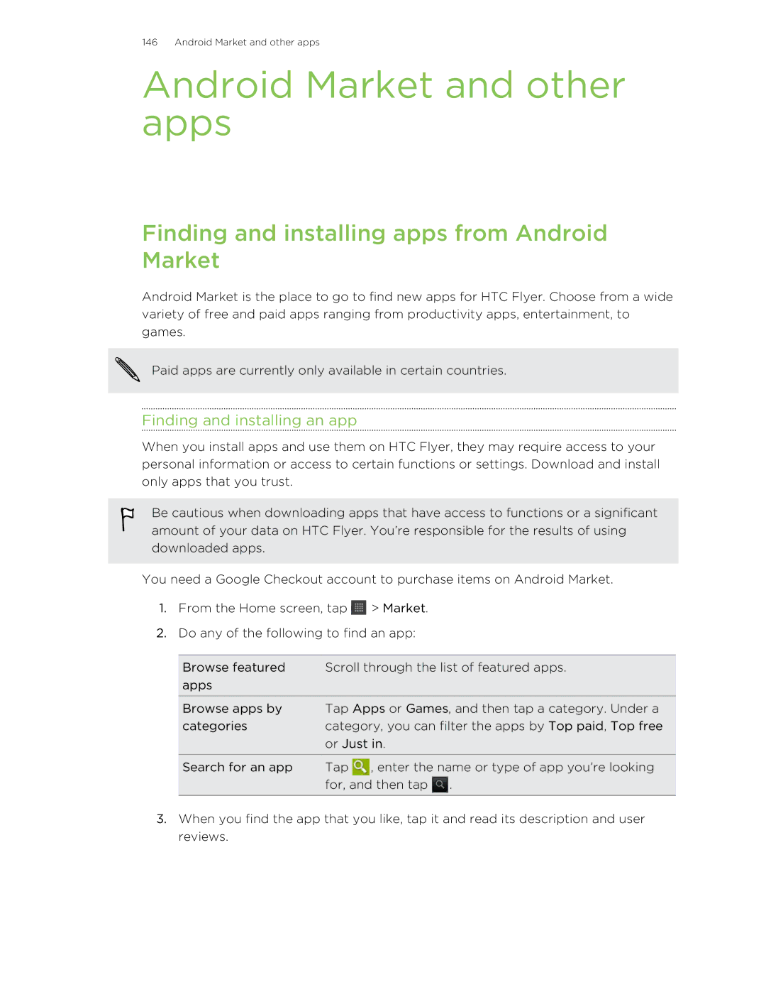 HTC HTCFlyerP512 manual Android Market and other apps, Finding and installing apps from Android Market 