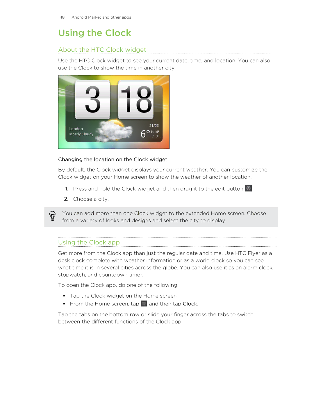 HTC HTCFlyerP512 manual About the HTC Clock widget, Using the Clock app 