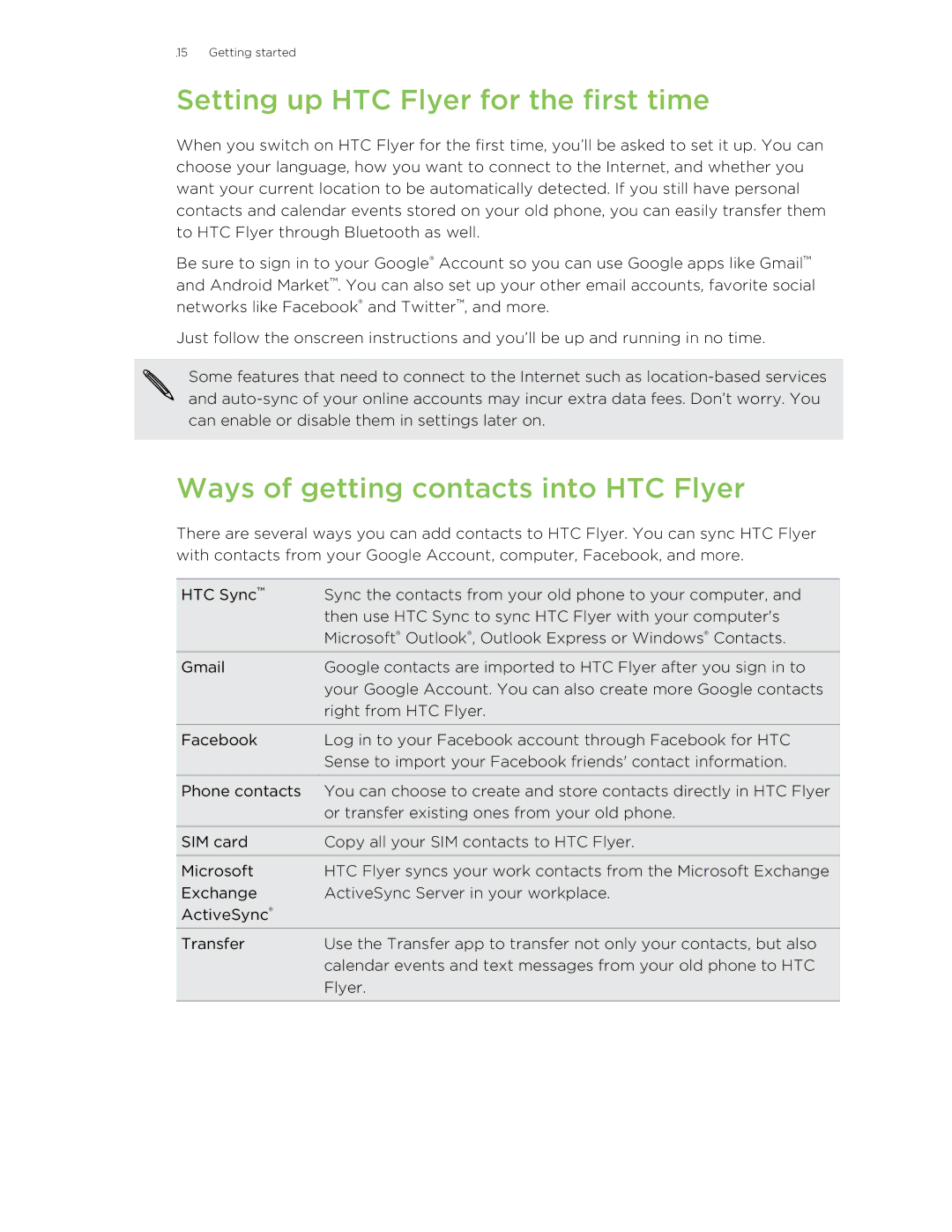 HTC HTCFlyerP512 manual Setting up HTC Flyer for the first time, Ways of getting contacts into HTC Flyer 