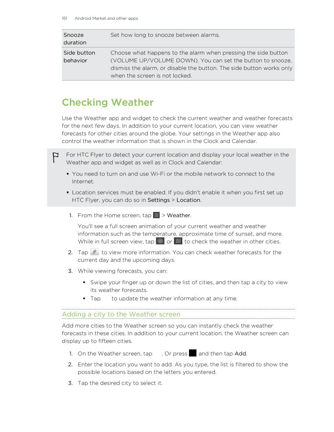 HTC HTCFlyerP512 manual Checking Weather, Adding a city to the Weather screen 