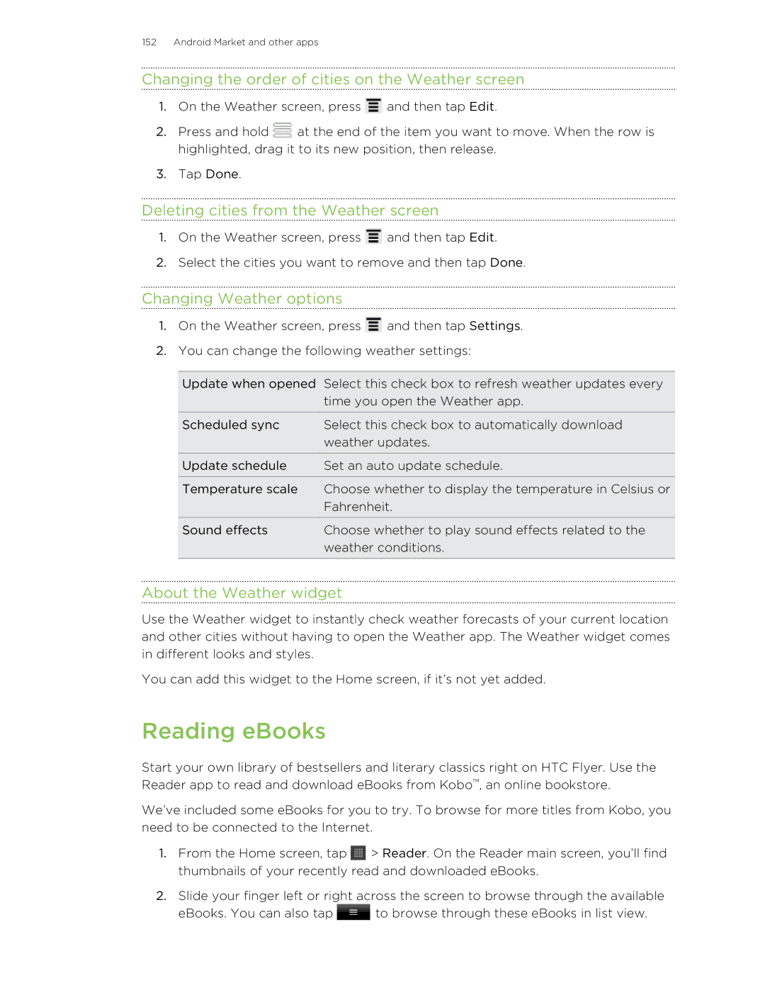 HTC HTCFlyerP512 manual Reading eBooks, Changing the order of cities on the Weather screen, Changing Weather options 