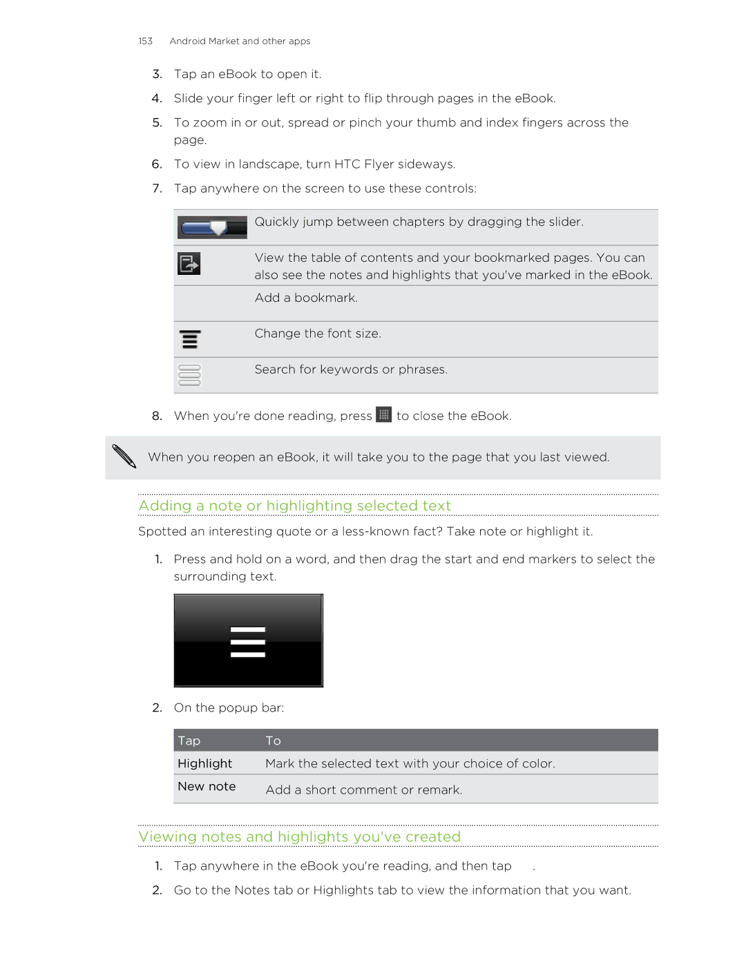 HTC HTCFlyerP512 manual Adding a note or highlighting selected text, Viewing notes and highlights youve created 