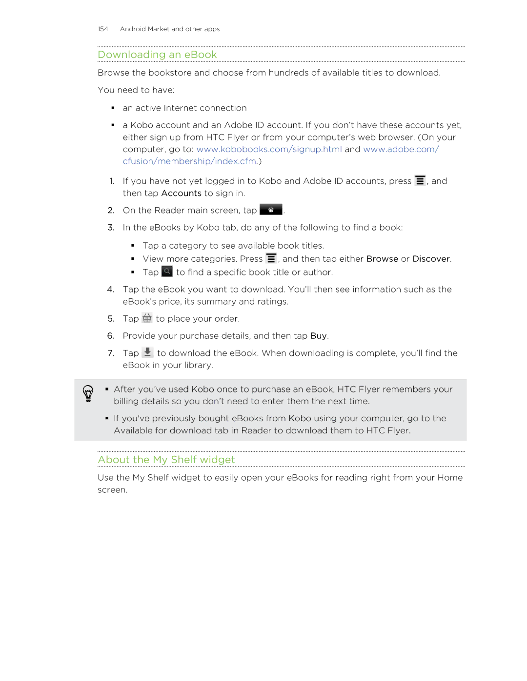 HTC HTCFlyerP512 manual Downloading an eBook, About the My Shelf widget 