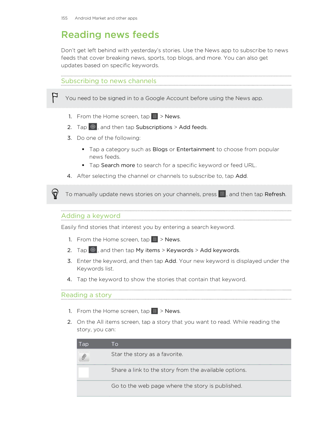 HTC HTCFlyerP512 manual Reading news feeds, Subscribing to news channels, Adding a keyword, Reading a story 
