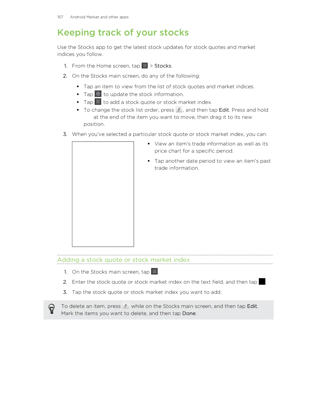 HTC HTCFlyerP512 manual Keeping track of your stocks, Adding a stock quote or stock market index 