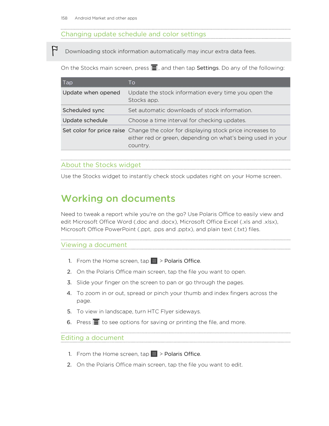 HTC HTCFlyerP512 manual Working on documents, Changing update schedule and color settings, About the Stocks widget 