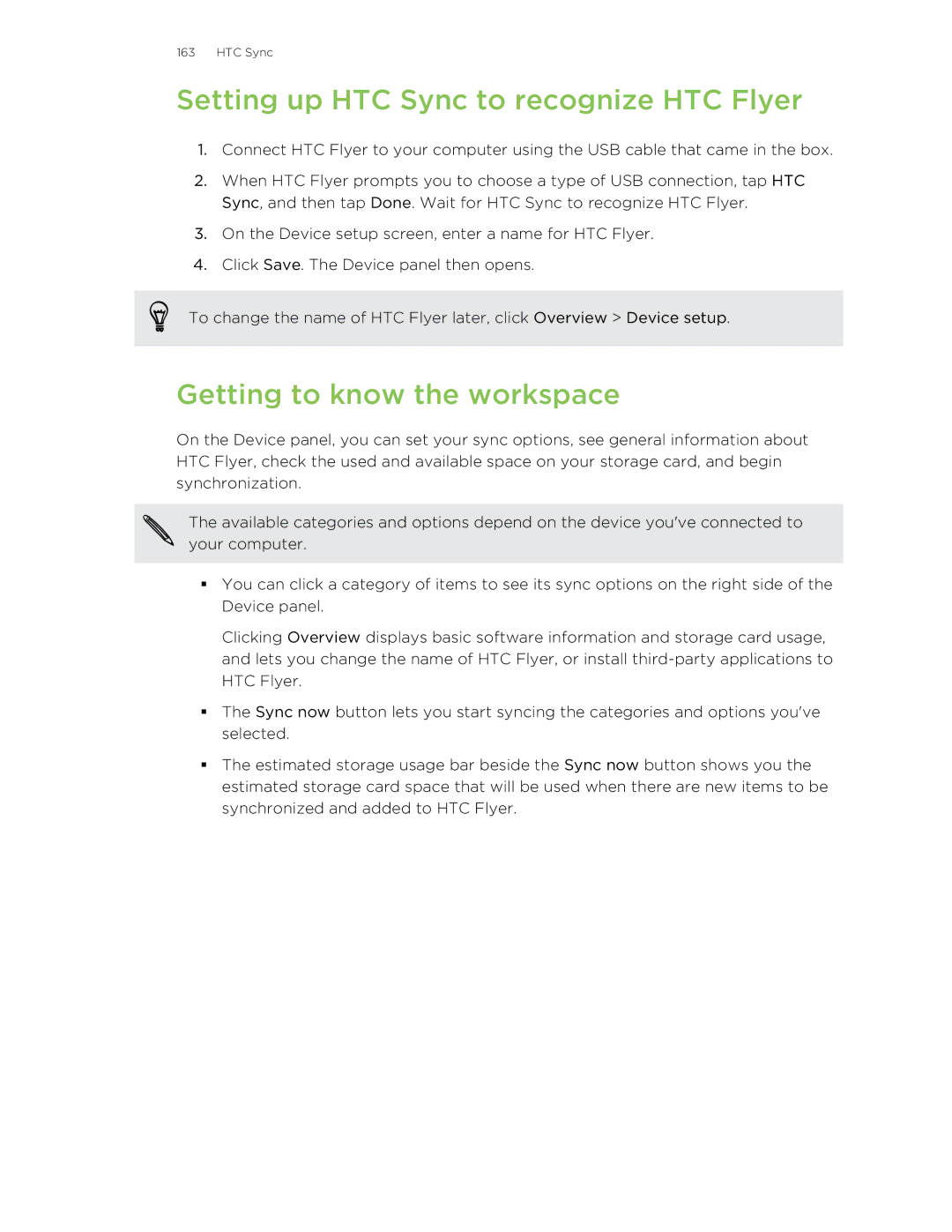 HTC HTCFlyerP512 manual Setting up HTC Sync to recognize HTC Flyer, Getting to know the workspace 