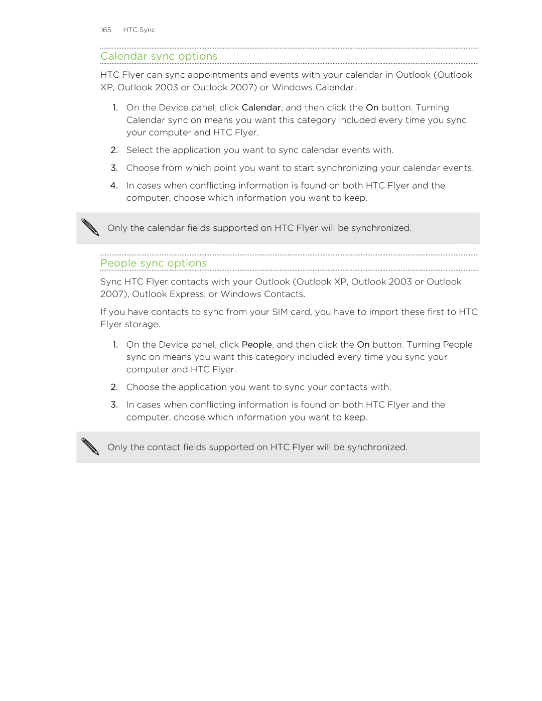 HTC HTCFlyerP512 manual Calendar sync options, People sync options 