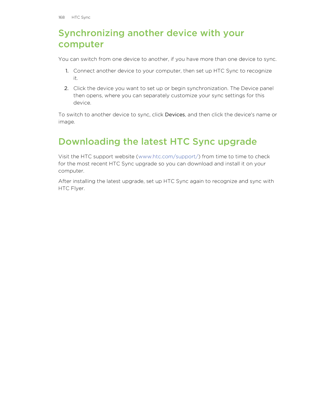 HTC HTCFlyerP512 manual Synchronizing another device with your computer, Downloading the latest HTC Sync upgrade 