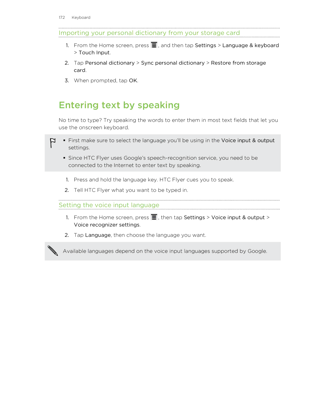 HTC HTCFlyerP512 manual Entering text by speaking, Importing your personal dictionary from your storage card 