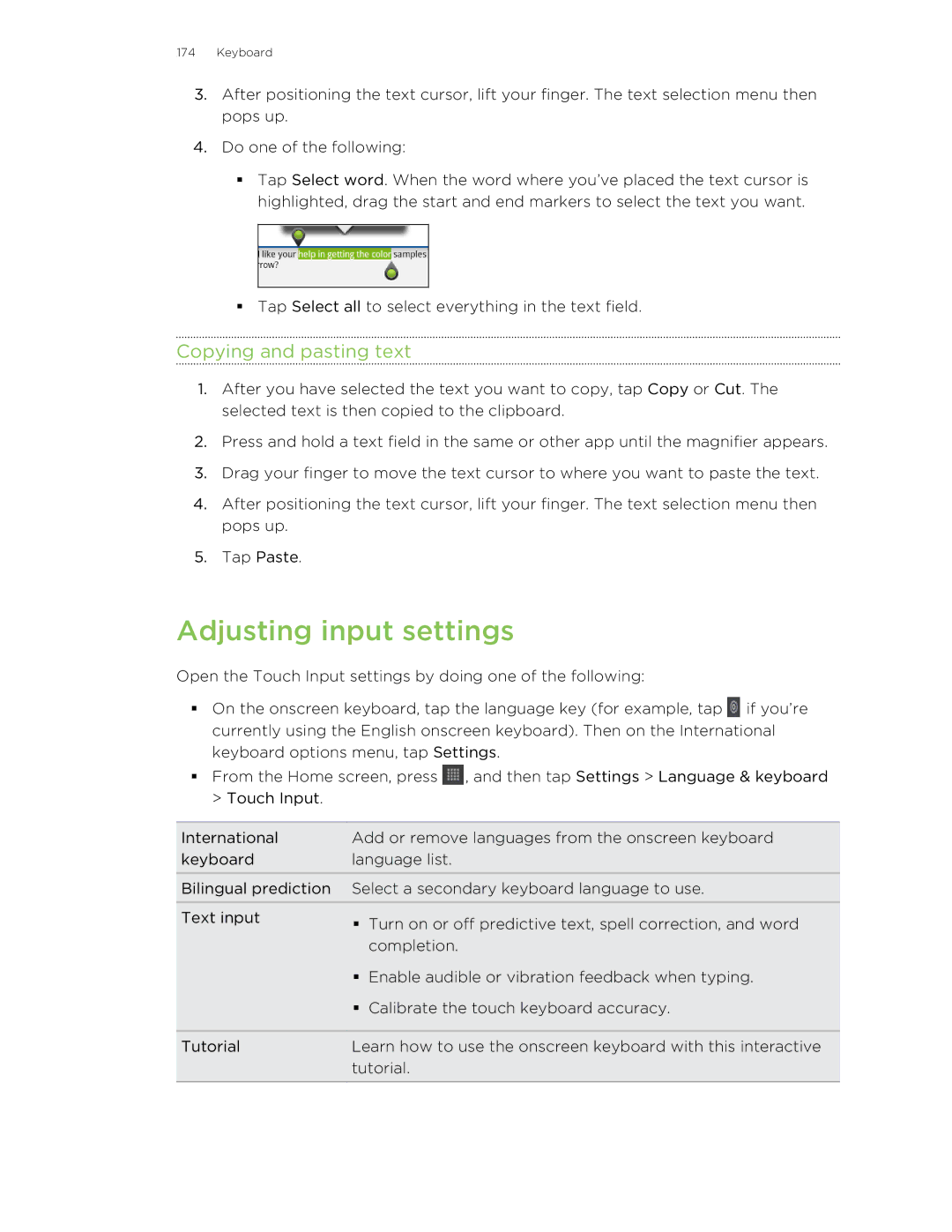 HTC HTCFlyerP512 manual Adjusting input settings, Copying and pasting text 