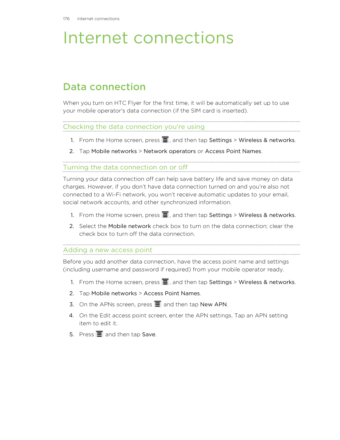 HTC HTCFlyerP512 manual Internet connections, Data connection, Checking the data connection youre using 