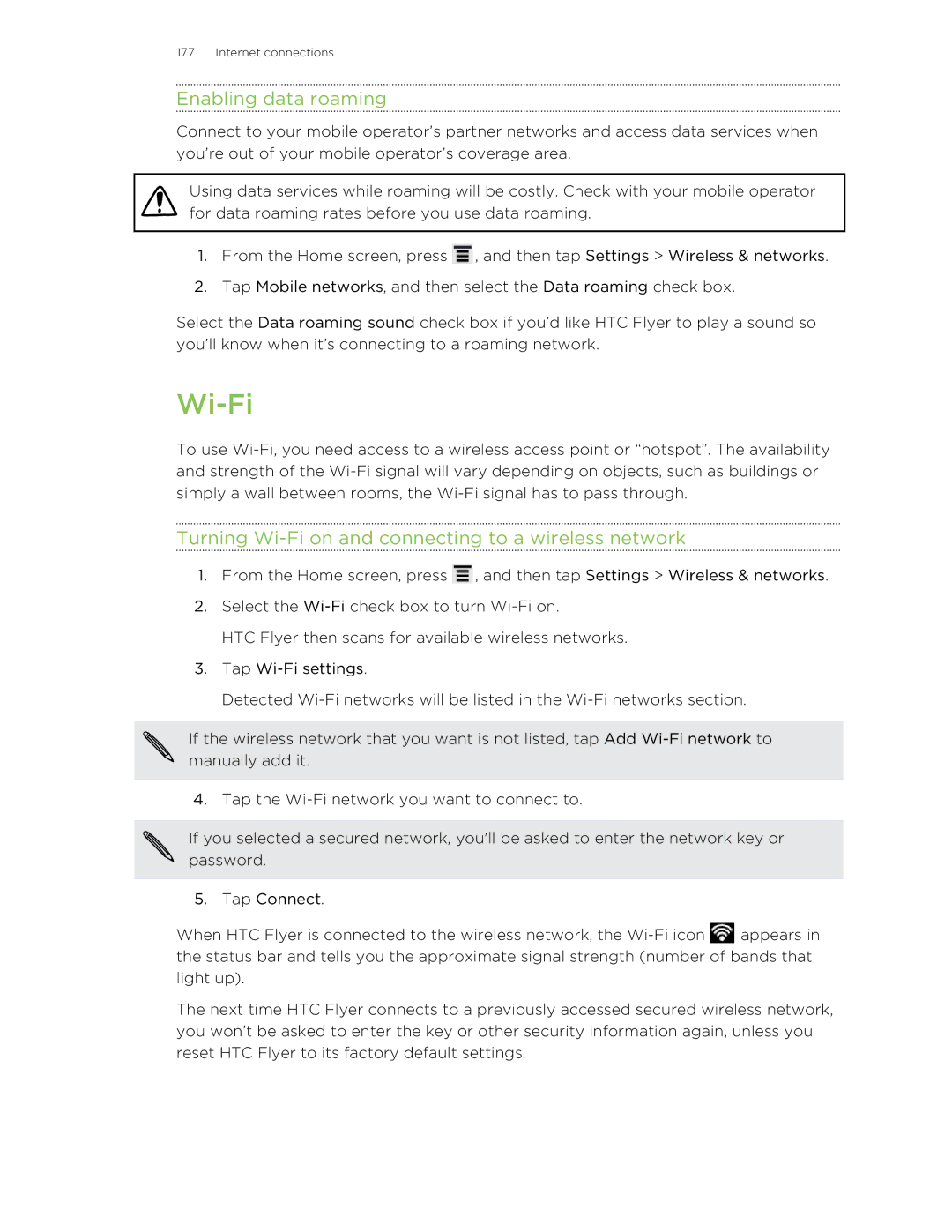 HTC HTCFlyerP512 manual Enabling data roaming, Turning Wi-Fi on and connecting to a wireless network 