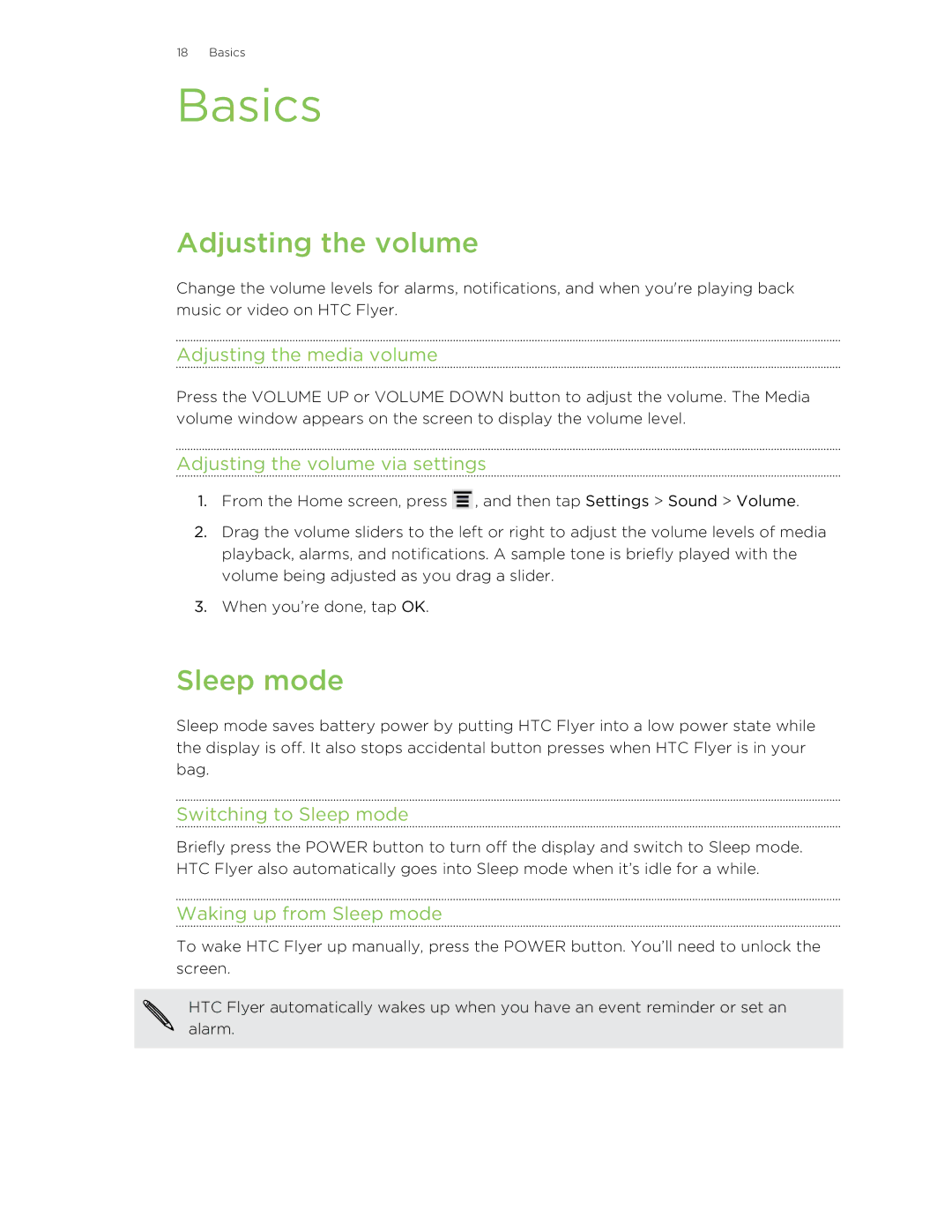 HTC HTCFlyerP512 manual Basics, Adjusting the volume, Sleep mode 