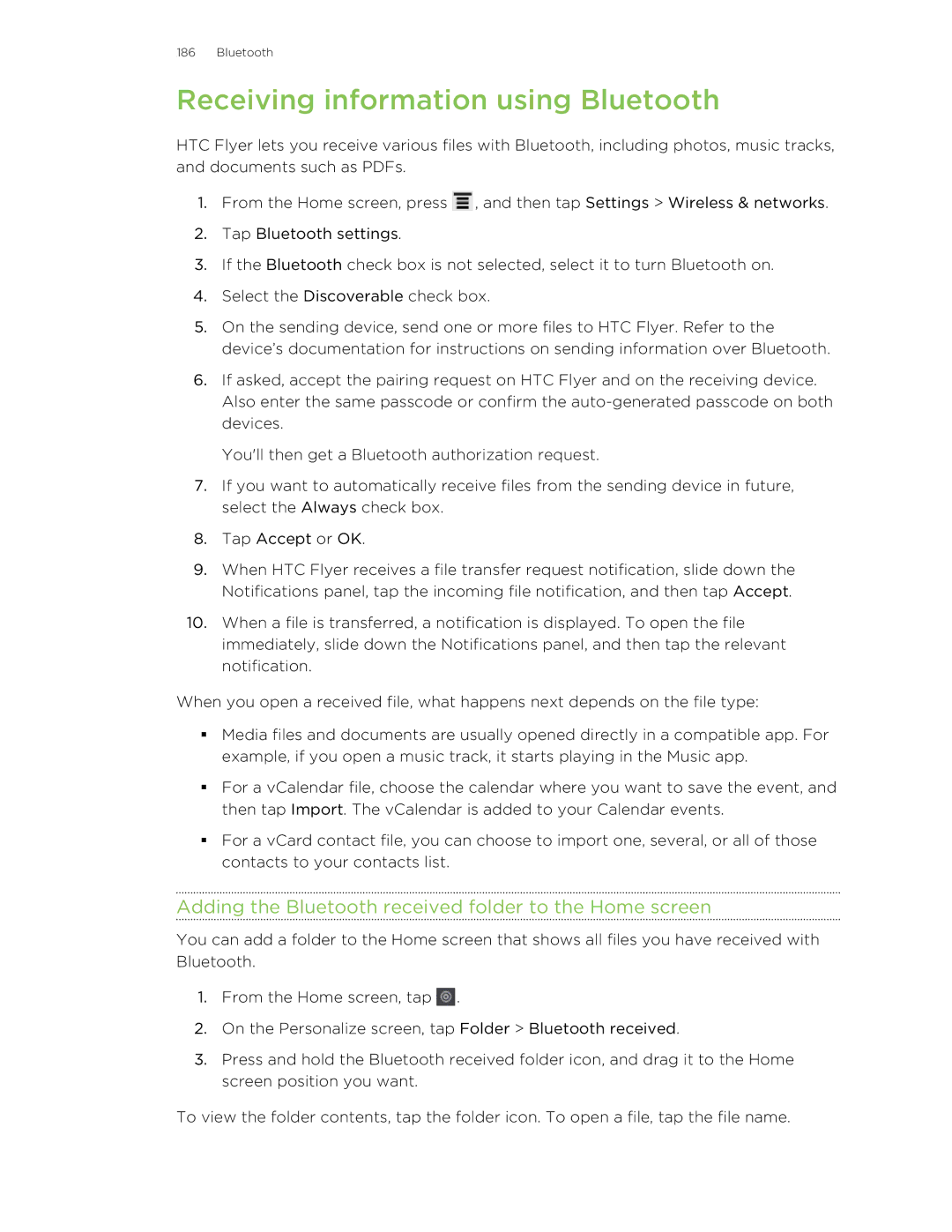 HTC HTCFlyerP512 manual Receiving information using Bluetooth, Adding the Bluetooth received folder to the Home screen 