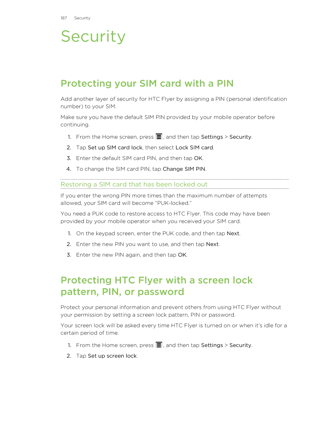 HTC HTCFlyerP512 manual Security, Protecting your SIM card with a PIN, Restoring a SIM card that has been locked out 