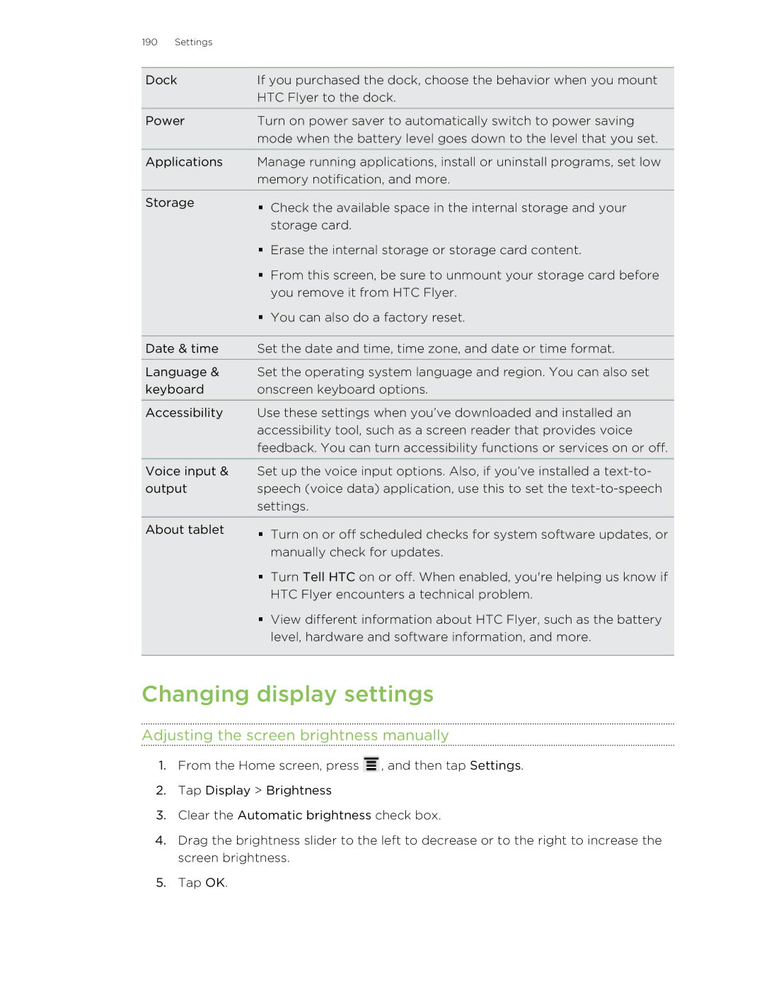 HTC HTCFlyerP512 Changing display settings, Adjusting the screen brightness manually 