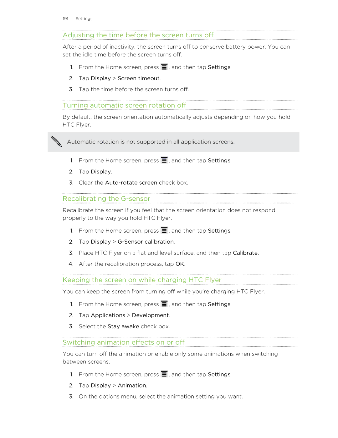 HTC HTCFlyerP512 manual Adjusting the time before the screen turns off, Turning automatic screen rotation off 