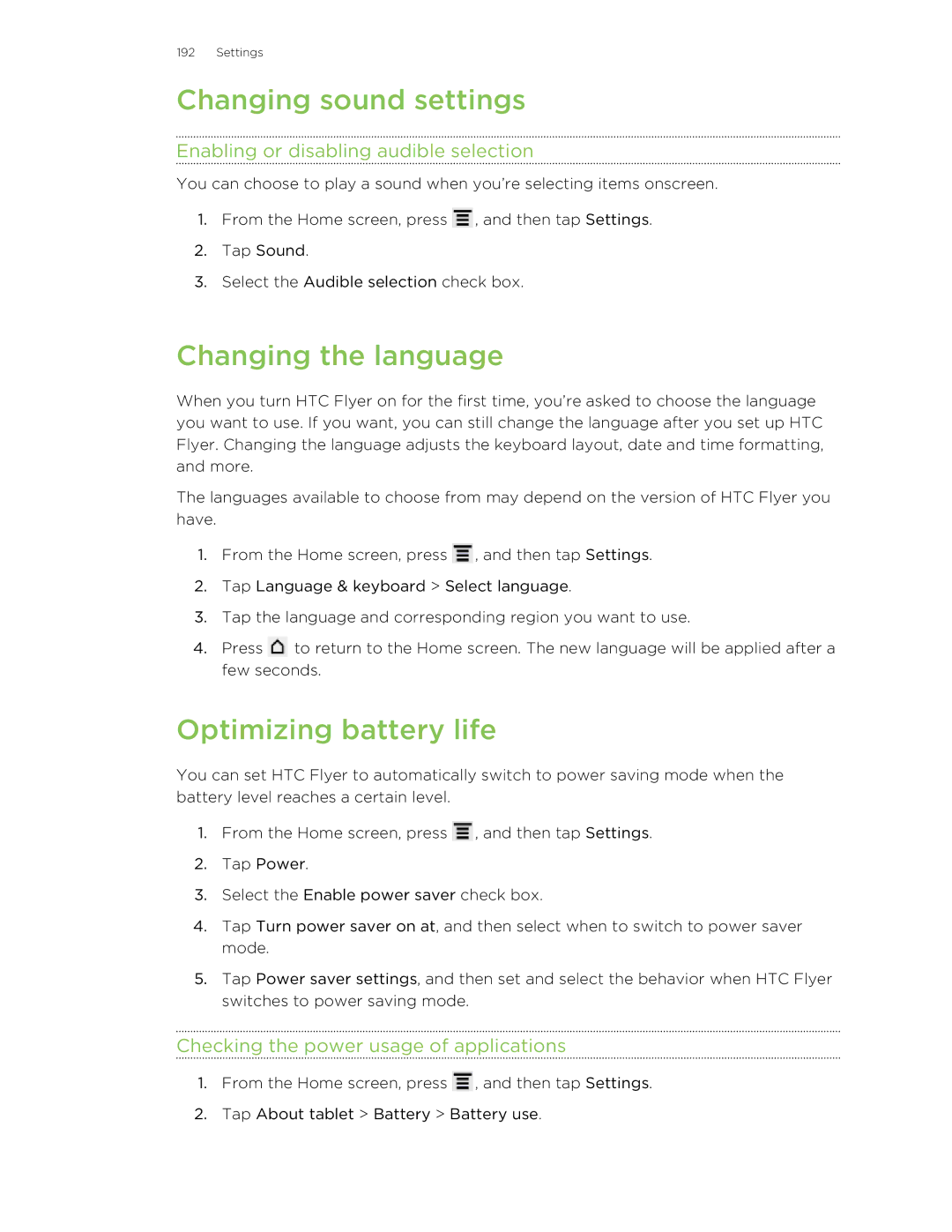 HTC HTCFlyerP512 manual Changing sound settings, Changing the language, Optimizing battery life 