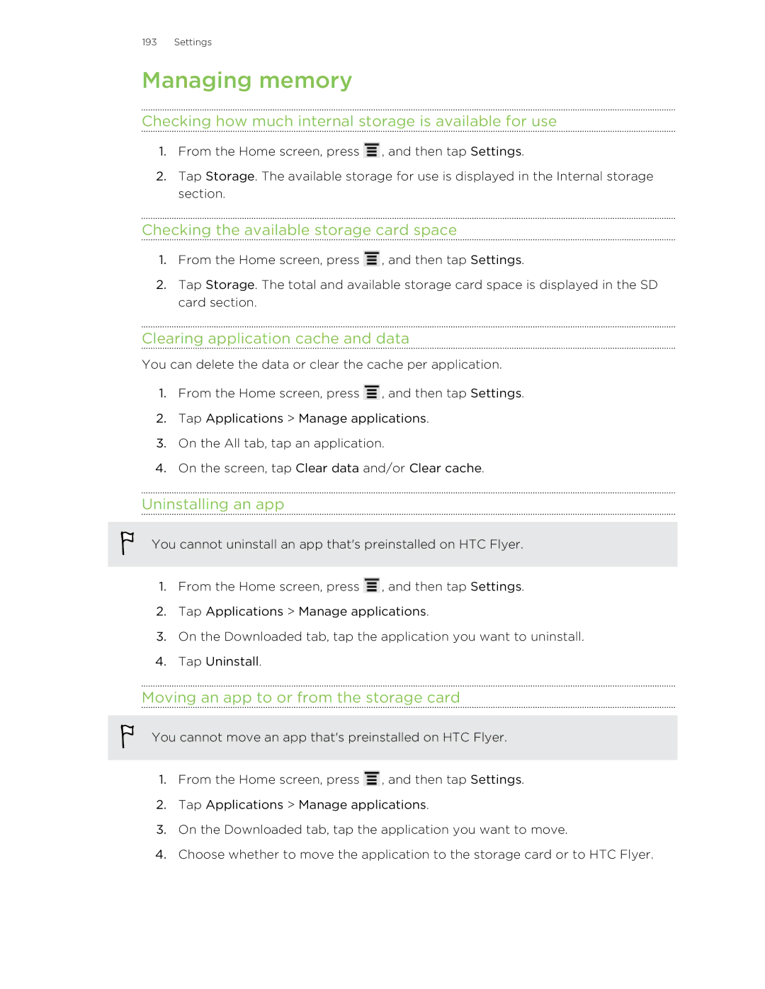 HTC HTCFlyerP512 manual Managing memory, Checking how much internal storage is available for use 