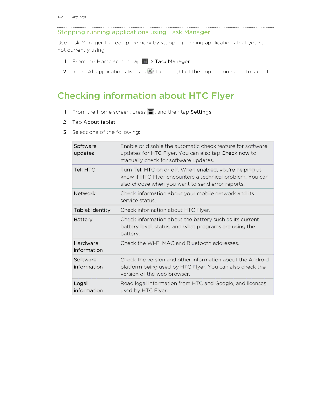 HTC HTCFlyerP512 manual Checking information about HTC Flyer, Stopping running applications using Task Manager 