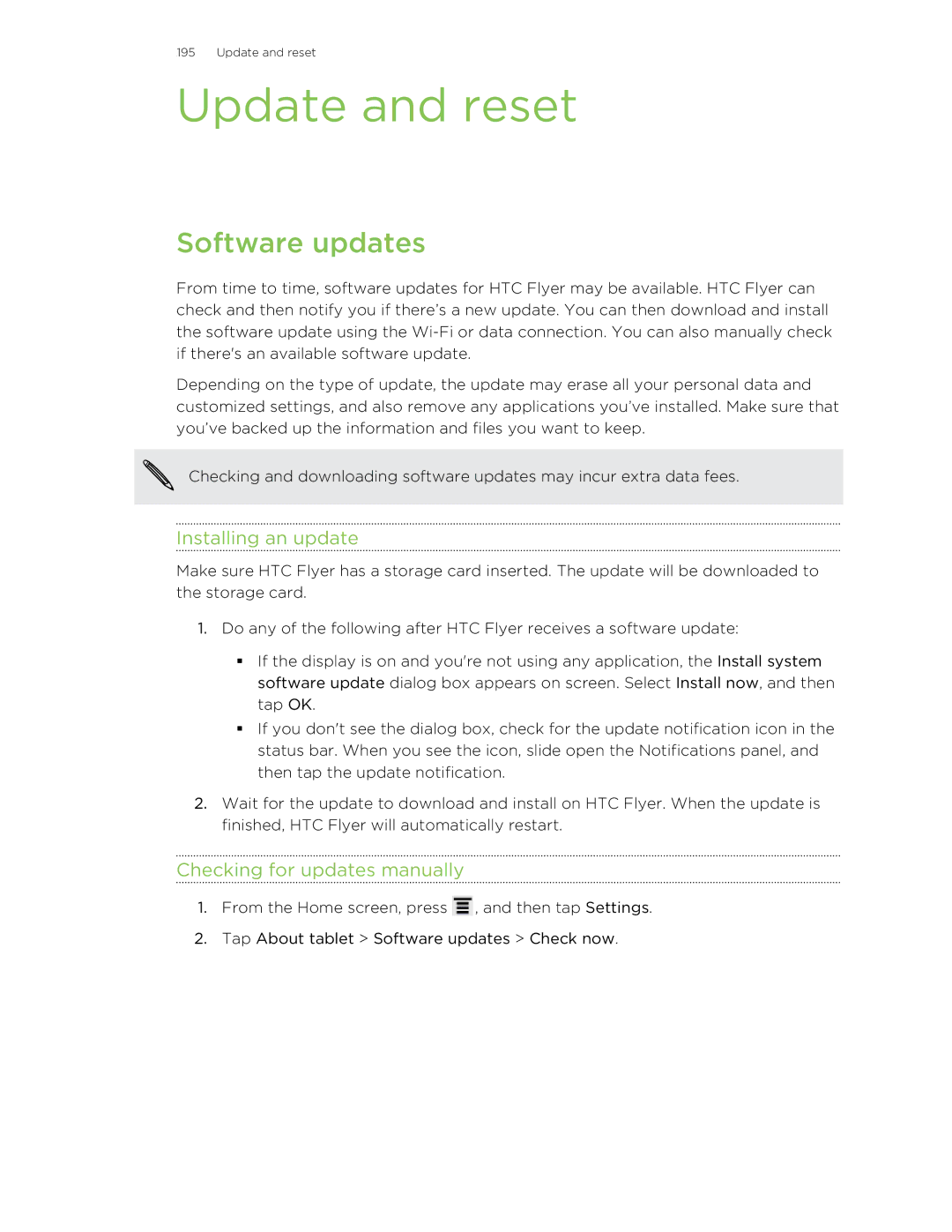 HTC HTCFlyerP512 Update and reset, Software updates, Installing an update, Checking for updates manually 