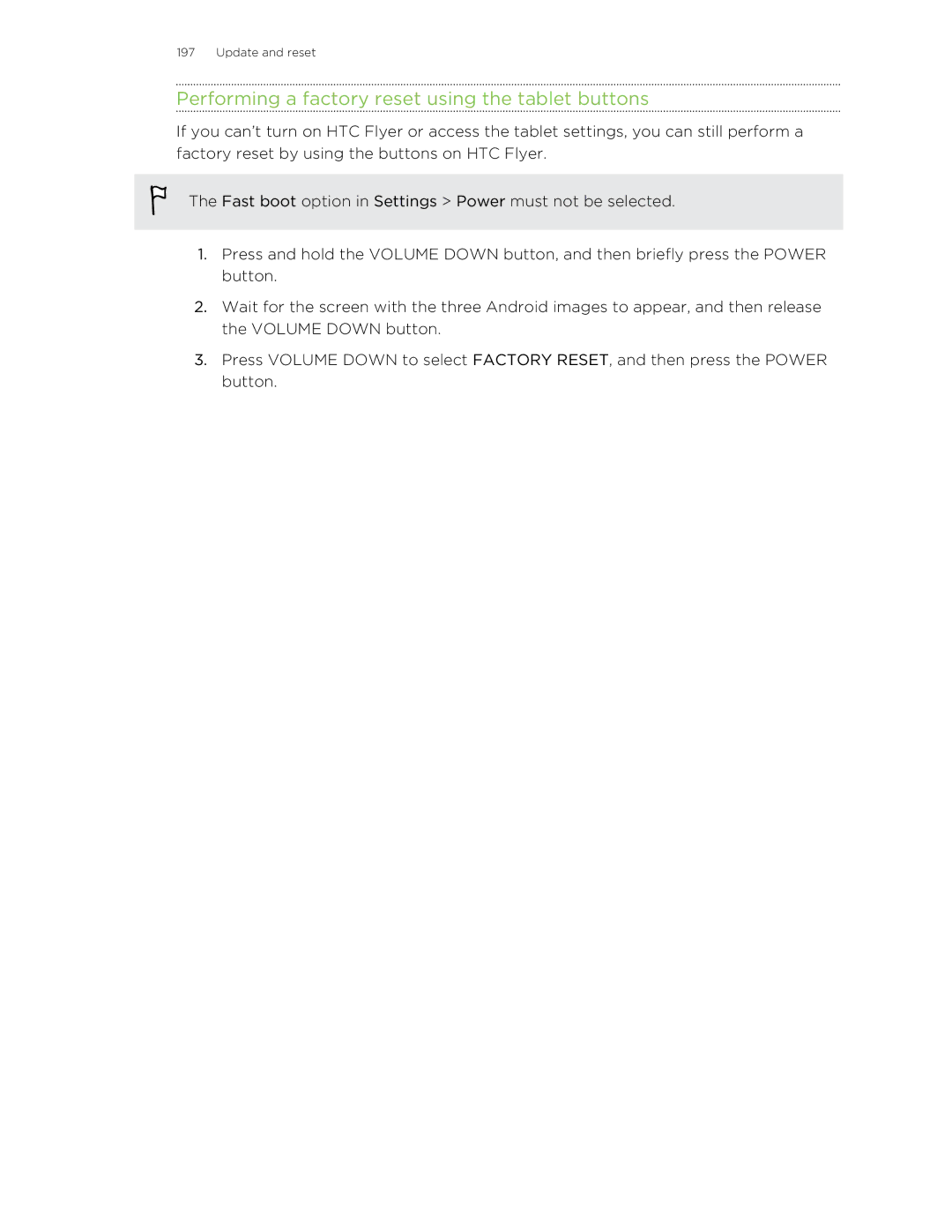HTC HTCFlyerP512 manual Performing a factory reset using the tablet buttons 