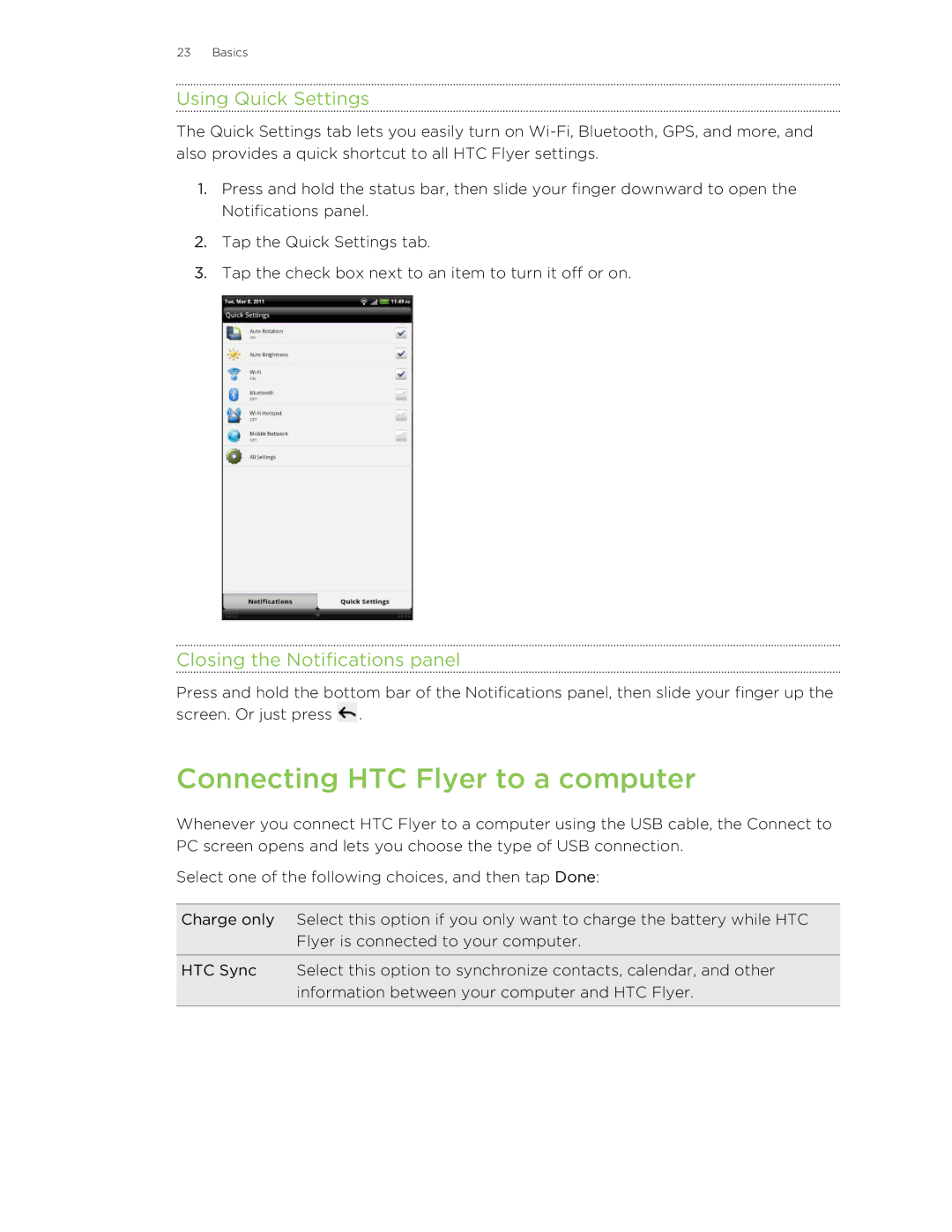 HTC HTCFlyerP512 manual Connecting HTC Flyer to a computer, Using Quick Settings, Closing the Notifications panel 