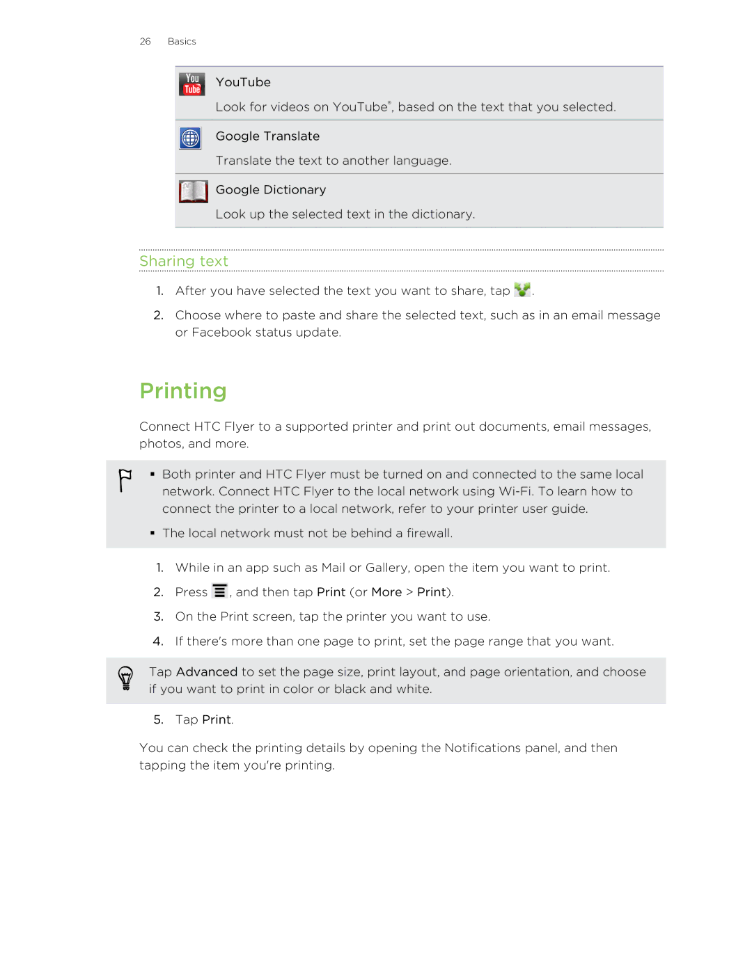 HTC HTCFlyerP512 manual Printing, Sharing text 