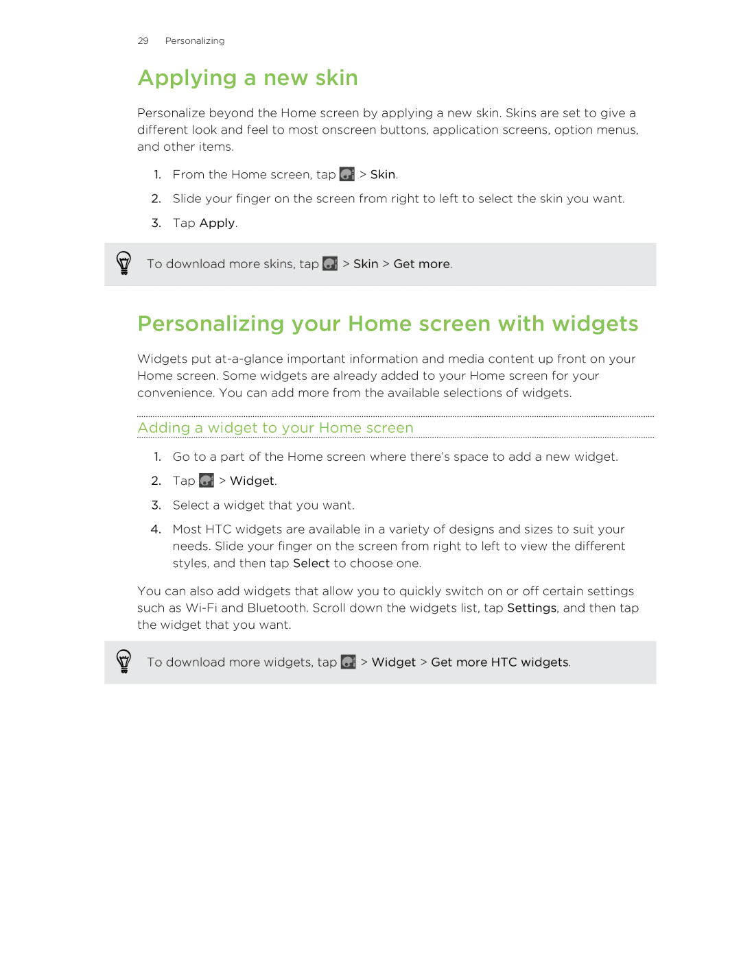 HTC HTCFlyerP512 Applying a new skin, Personalizing your Home screen with widgets, Adding a widget to your Home screen 