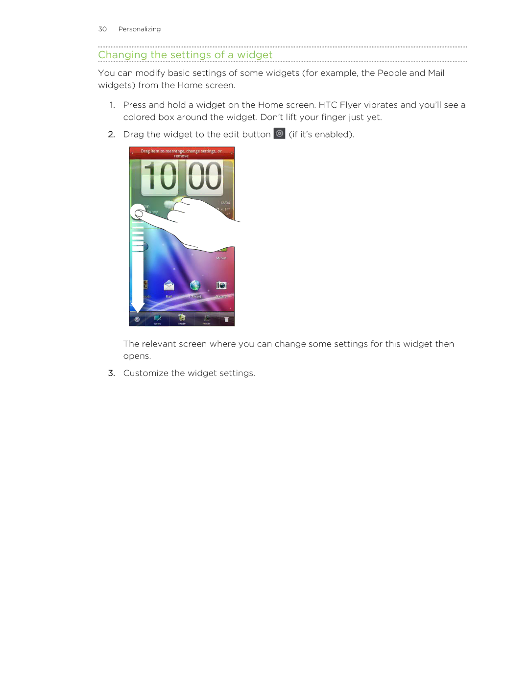 HTC HTCFlyerP512 manual Changing the settings of a widget 