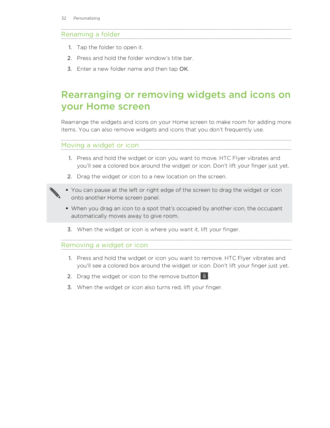 HTC HTCFlyerP512 manual Renaming a folder, Moving a widget or icon, Removing a widget or icon 