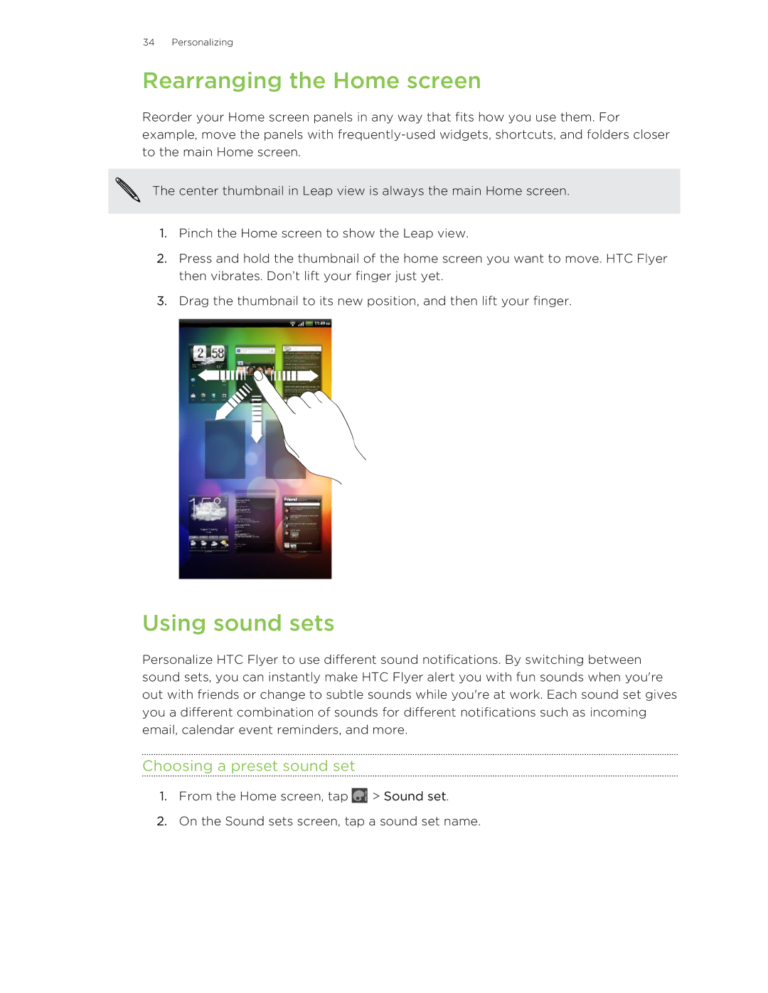 HTC HTCFlyerP512 manual Rearranging the Home screen, Using sound sets, Choosing a preset sound set 