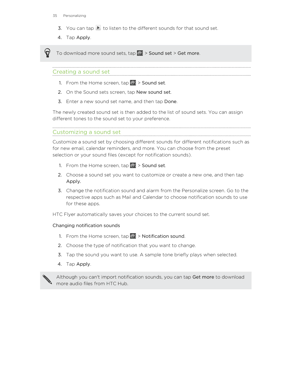 HTC HTCFlyerP512 manual Creating a sound set, Customizing a sound set 