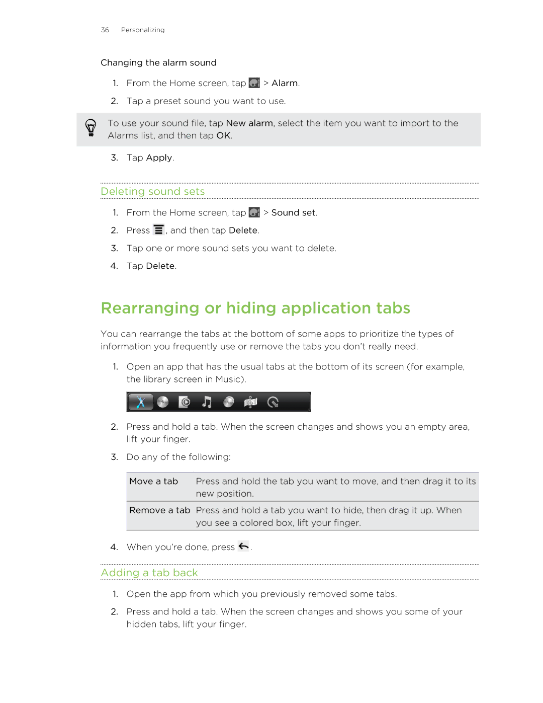 HTC HTCFlyerP512 manual Rearranging or hiding application tabs, Deleting sound sets, Adding a tab back 