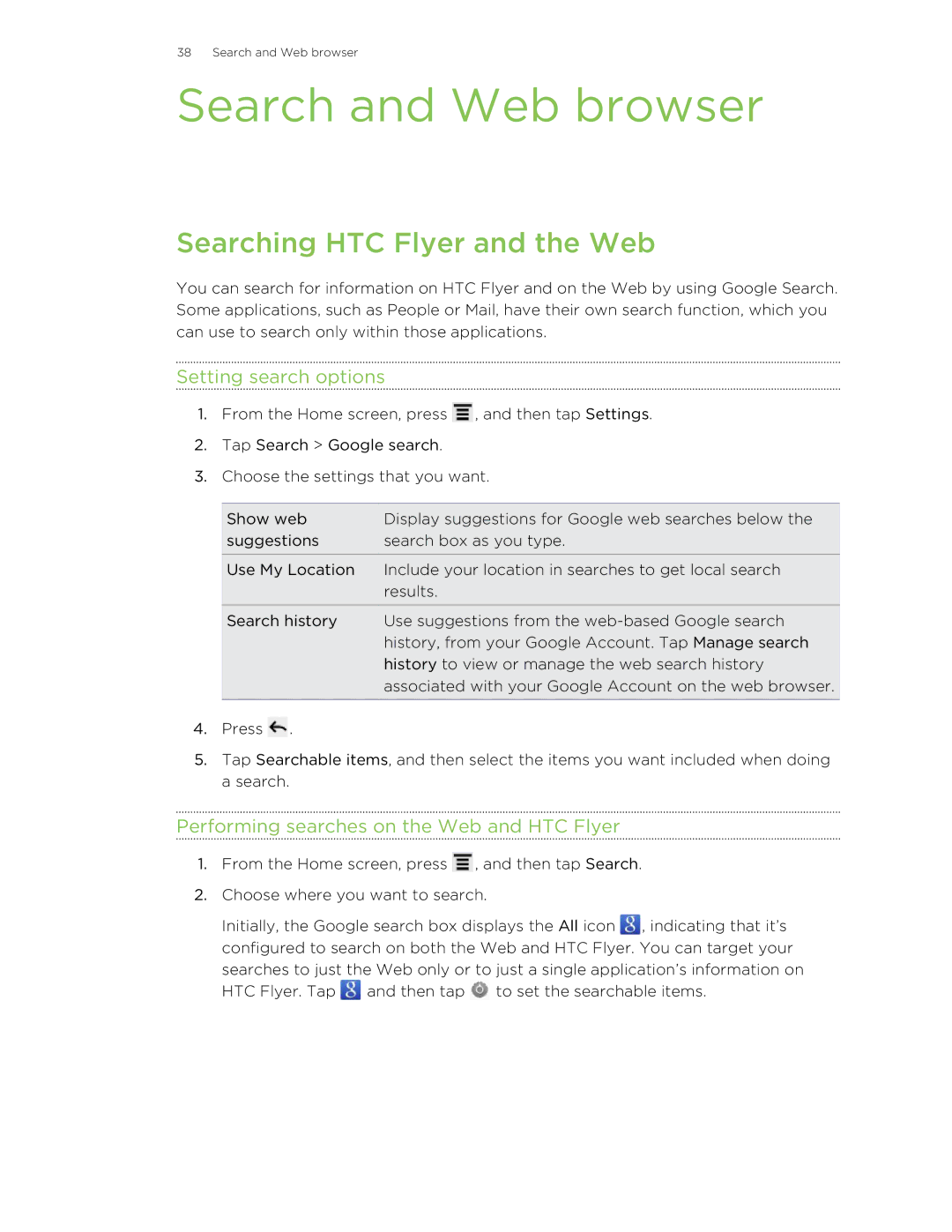 HTC HTCFlyerP512 manual Search and Web browser, Searching HTC Flyer and the Web, Setting search options 