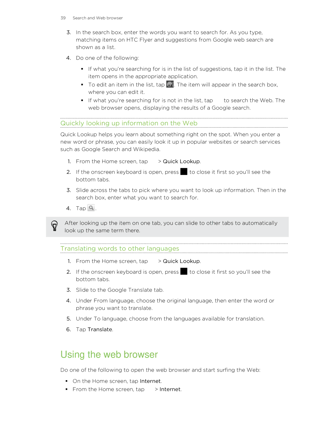 HTC HTCFlyerP512 Using the web browser, Quickly looking up information on the Web, Translating words to other languages 