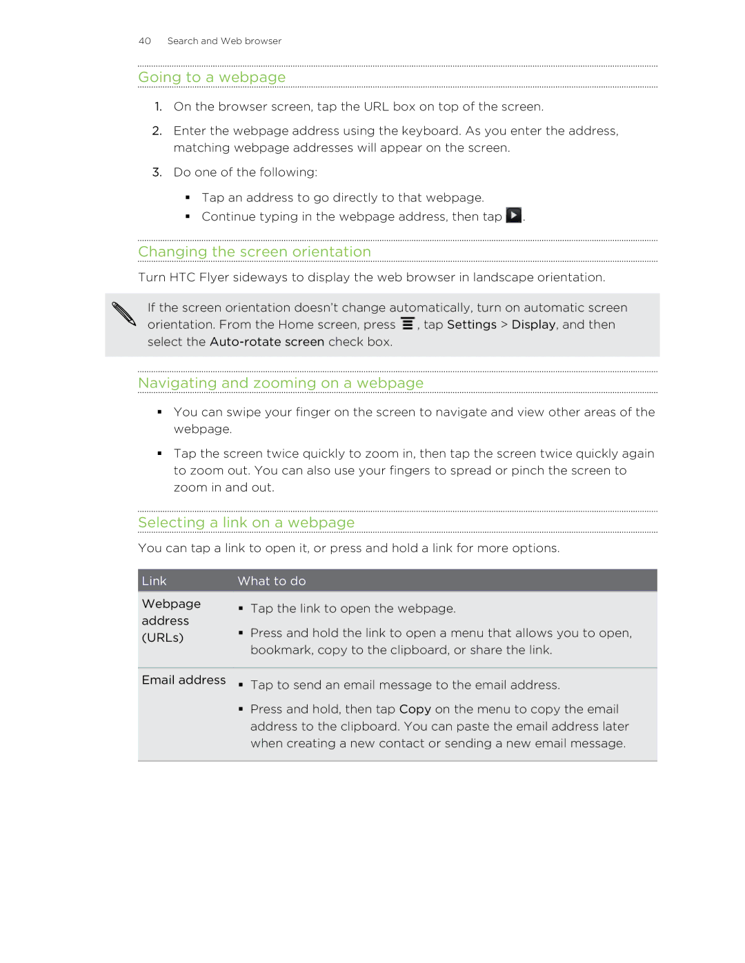 HTC HTCFlyerP512 manual Going to a webpage, Changing the screen orientation, Navigating and zooming on a webpage 